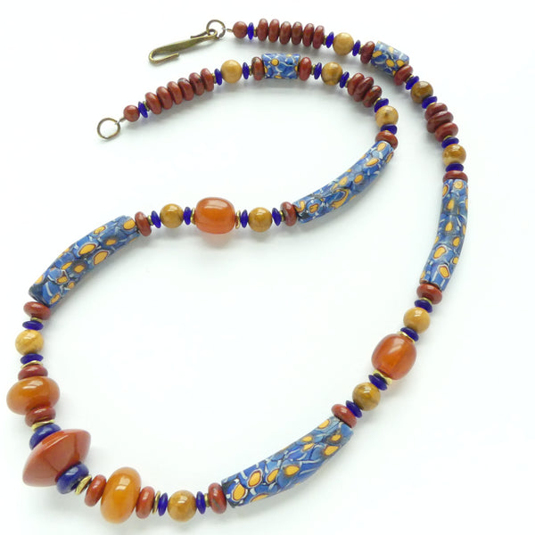 Blue African Curved Trade Bead Necklace with Jaspers and Amber, 24-inches