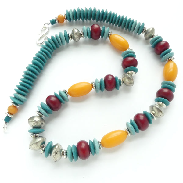 Necklace, Longer,  Krobo Glass, Faux Amber & Mali Silver, 28 inches long