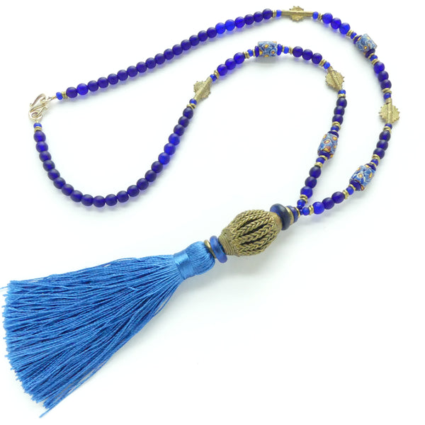 Long Necklace with Trade Beads African Lost Wax Cast Brass and Tassel, 36 inches long