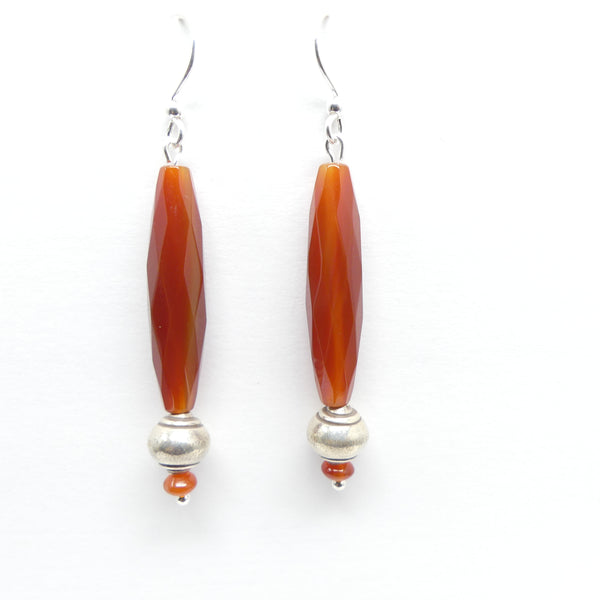 Long Carnelian Faceted Ovals with Indian Sterling Silver Bead, 2.4 inches including earwire