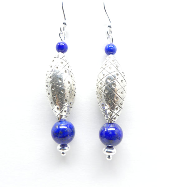 Thai Silver Stamped Ovals with 4 & 8mm Lapis Lazuly Beads, 2.25 inches long with earwire