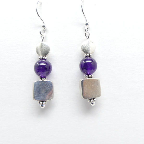 Thai Silver Smooth Shapes with 8mm Amethyst Beads Earrings, 1.8 inches long with earwire