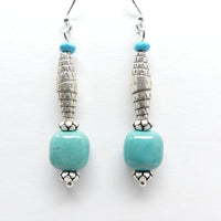 Turquoise "Chicklets" with Large Thai Sterling Silver Rolled Beads, Earring 2.2" with earwire