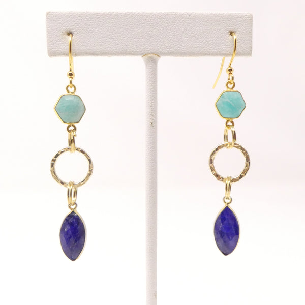 Lapis and Amazonite Framed Faceted Gems Connected by Hammered Rings, 2 inches long