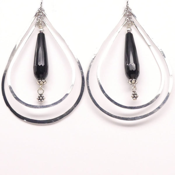 Black Faceted Vintage Glass Teardrop with Silver in Double Hoops 2.25 inches