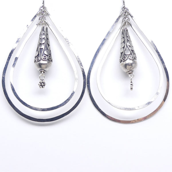 Vintage  Sterling Silver Bali Teardrops in Double Silver Alloy Hoops, 2.25 inches