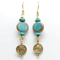 Turquoise Framed in Gold with Indian Brass Spiral Mini-Pendants,  2.25 inches long