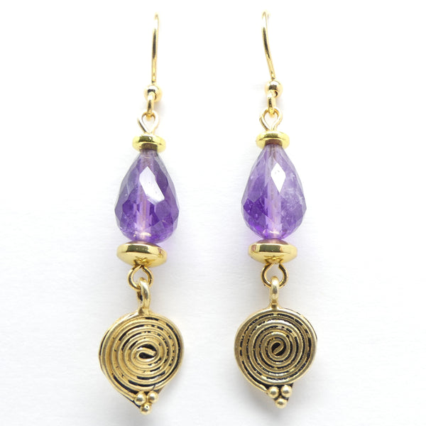 Amethyst Faceted Drops with Indian Brass Spiral Mini Pendant, 2 inches long with earwire