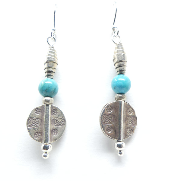 Thai Silver Stamped Discs & Rolled Bead with Turquoise, 2 inches long with earwire