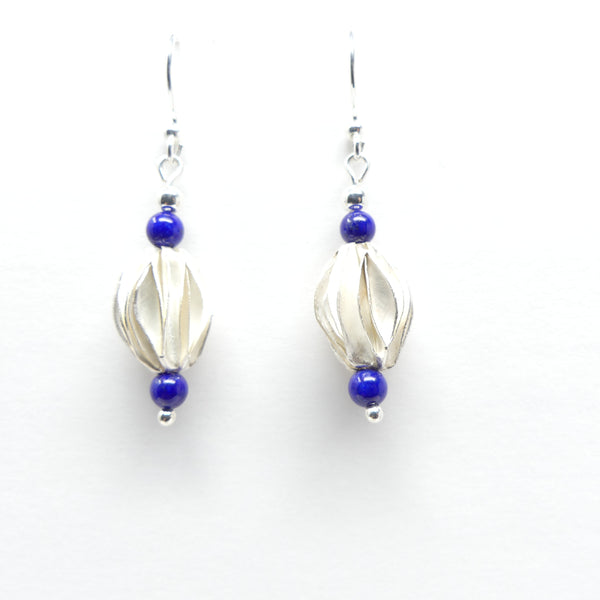 Thai Silver "Pods" with 4mm Lapis Beads, 1.6" long including earwire