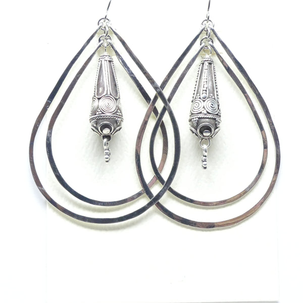 Vintage Lavishly Decorated Sterling Silver Bali Teardrop in Double Hoops, 2.25 inches