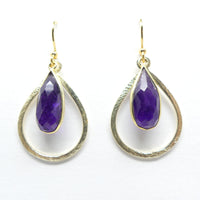 Amethyst Metal Framed Teadrops in Drop-Shaped Brushed Gold Loop, 1.75 inches with earwires