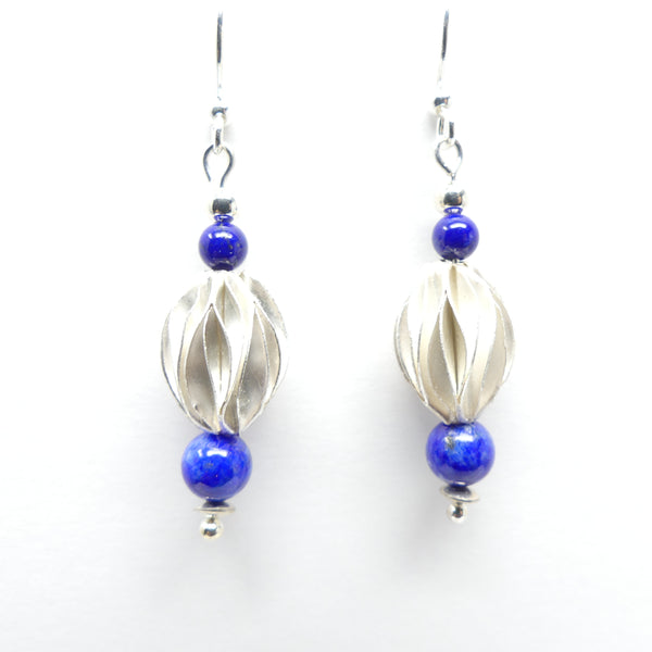 Thai Silver "Pods" with 4 and 6mm Round Lapis Beads, 1.8 inches with Earwire