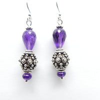 Amethyst Faceted Drop with Granulated Indian Silver Beads, Under 2" long