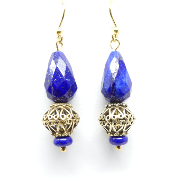 Lapis Lazuli Faceted Drops with Indian Vermeil Openwork Beads, 2" Including earwire