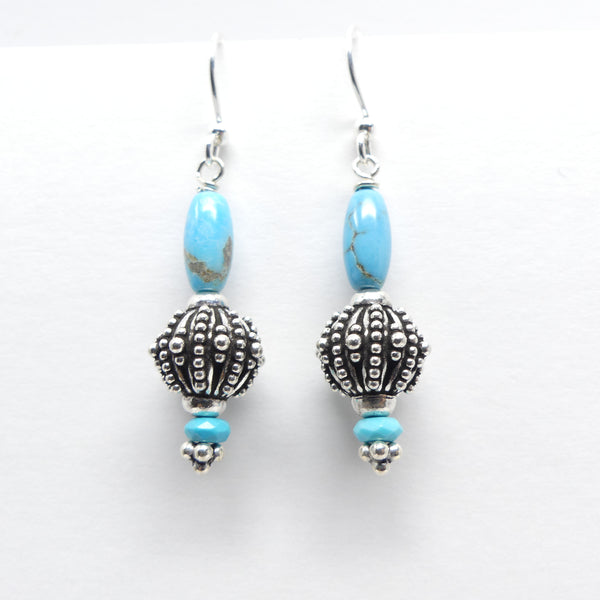 Granulated Silver Beads with Turquoise Oval Beads 12x5mm, Earrings 1.75 inches long