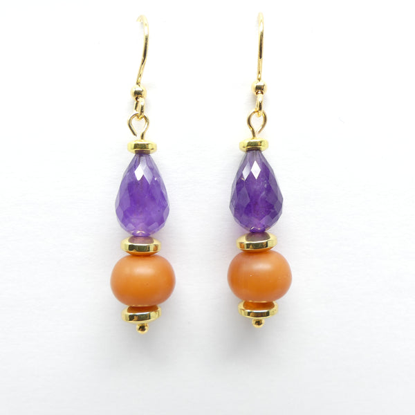 Amethyst Faceted Drops and Faux Amber with Gold Earrings, 1.8 inches long with earwires