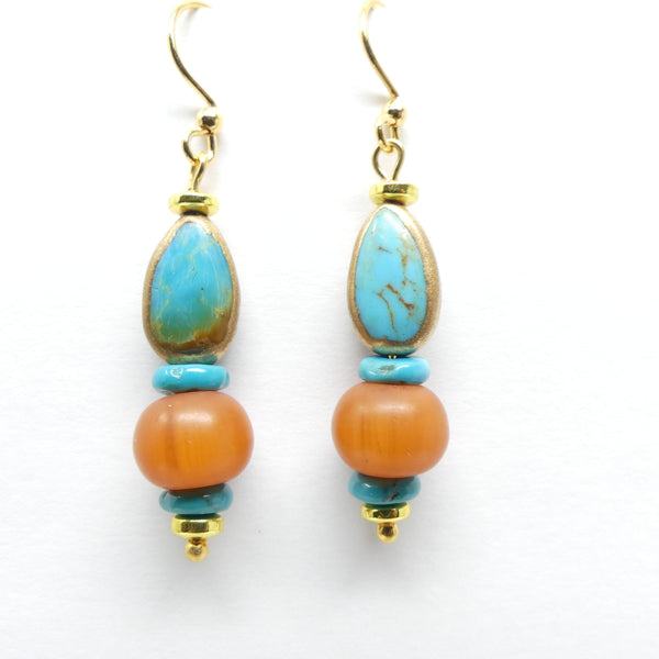 Faux African Style Amber with Turquoise Framed Drop Shapes, Length, 2" with earwires