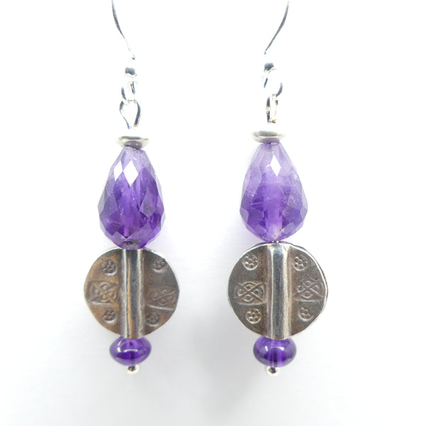 Amethyst Faceted Drops with Thai Sterling Silver Stamped Discs,  1.75 Inches with earwire