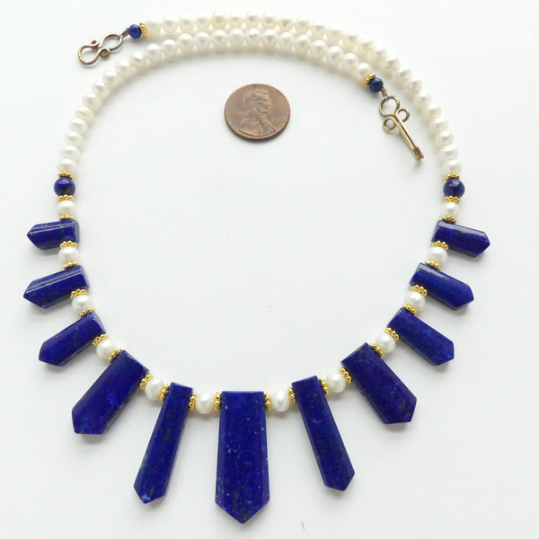 Lapis Small Collar with 5mm white Pearls and Gold Plated Daisy Spacers, 18 inches long