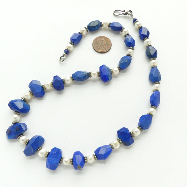 Lapis Faceted Freeform Nuggets with White 8mm Freshwater Pearls, 20 inches