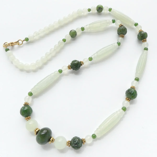 New Jade Long Beads and Dark Green Nephrite Jade Carved Rounds, 25 inches long