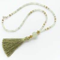 New Jade Long Necklace of 6mm Round Beads and 18mm Carved Focal with Tassel, 38 inches