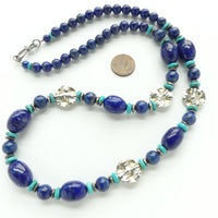 Long Necklace of Lapis and Turquoise with Thai Silver Hammered Discs, 27 inches long