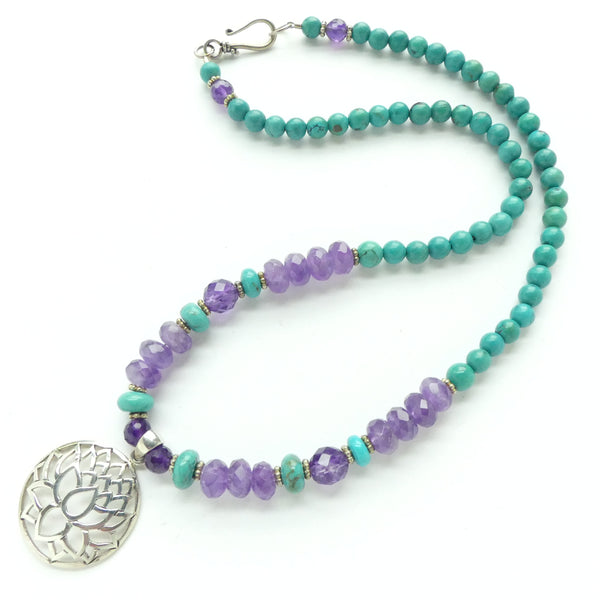 Turquoise Rounds & Rondelles with Faceted Amethyst & Silver Lotus Pendant, 18 inches long