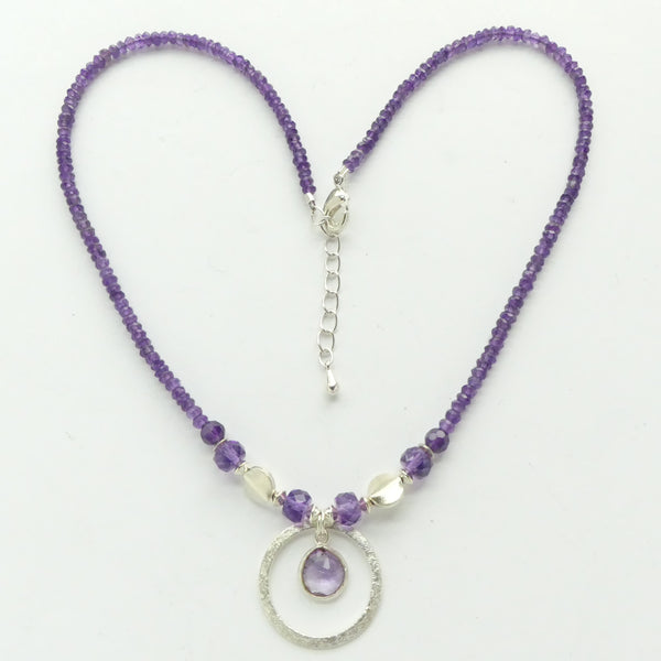 Amethyst, 2mm Faceted Beads with Sterling Silver Beads and Mini Pendant in Ring