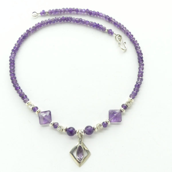 Amethyst Faceted Rondells, Diamond Shape Faceted Beads & Diamond Shape Pendant, 16.5 inches