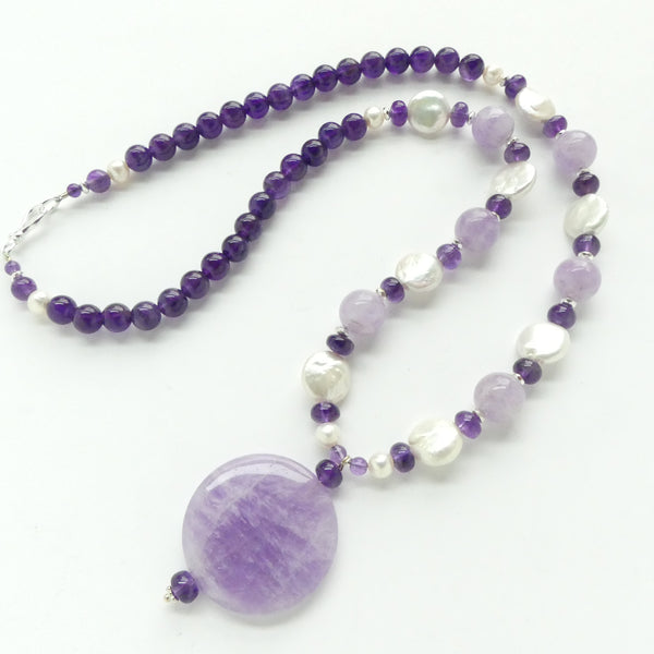 Amethyst, Cape Amethyst and Coin Pearls with Pendant, 28 inches long