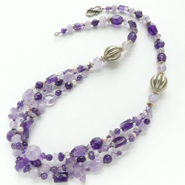 Amethyst, Cape Amethyst and Silver Three-to-One Strand Necklace, 26 inches long