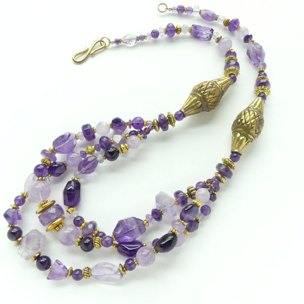 Amethyst Three-to-One Strand Necklace with Two Large Brass Bicones, 24 inches