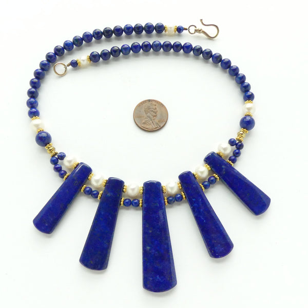 Lapis and Pearl Collar with Five Long (2") Lapis Components, 16 inches