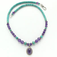 Turquoise Heishi, Faceted Amethyst and Sterling & Amethyst Pendant, 18 inches