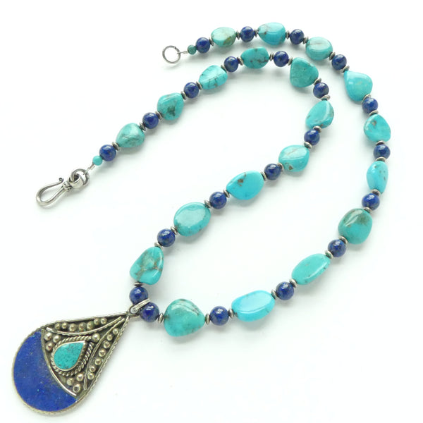 Turquoise Flat Nuggets with 6mm Round Lapis Beads and Nepalese Pendant, 18 inches long