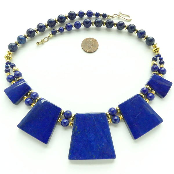 Lapis Collar Statement Necklace, Largest Tarpezoid 1.5" Long with Lapis Beads, 21 inches long