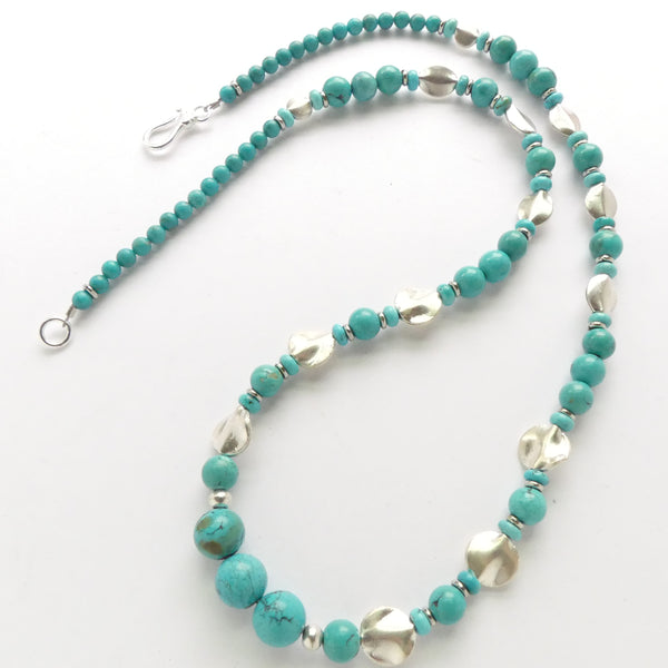 Turquoise Round Beads Graduated 10 to 4mm with Thai Silver Flat Coins & Ovals, 22 inches