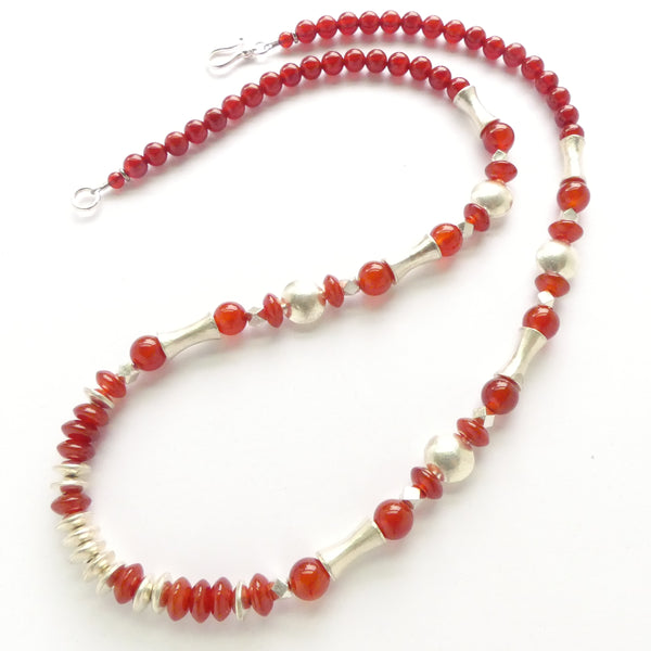 Carnelian and Thai Silver Beads in Various Shapes, 23 inches long