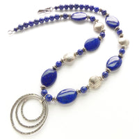 Thai Silver Circles in Circles Pendant, with Lapis Flat Ovals and Round Beads, 24 inches