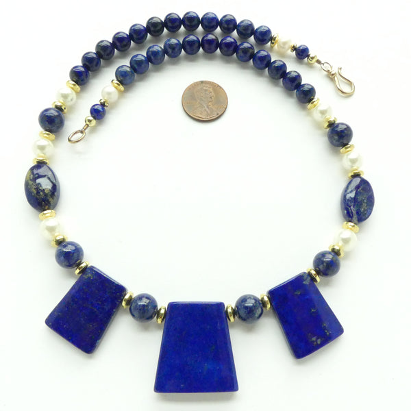 Lapis and Pearl Collar with Three Bold Trapezoid Pendants, 20 inches long