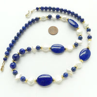 Lapis and Pearls, Flat Oval & Round Lapis, Dime & Diamond Pearls, 28 inches