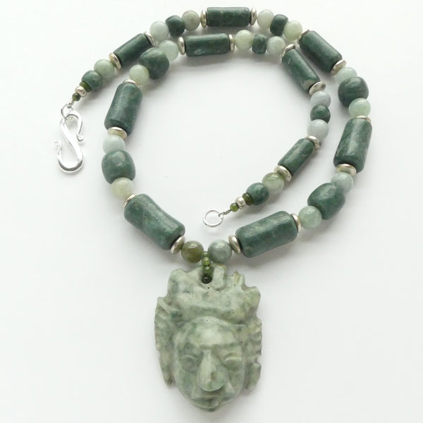 Guatemalan Jade Face Pendant with Burmese Jade and Serpentine, 21 inches long