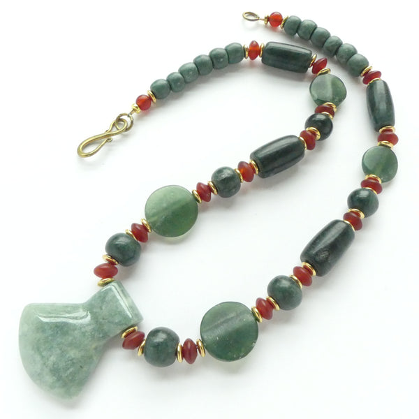 Guatemalan Jadeite Axe Pendant (1.5" long) with Serpentine & Carnelian, 19.5 inches long