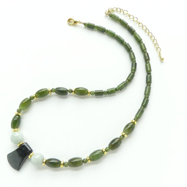 Jadite Axe Pendant from Guatemala with Burmese Jadite and Canadian Nephrite Beads, 15-18" long