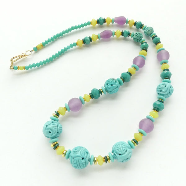 Carved Turquoise (18 & 14mm) with Serpentine, Glass and Resin, 26 inches