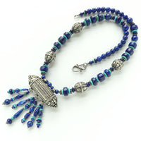 Lapis with Indian Vintage Sterling Silver Amulet Pendant, Turquoise & Yemeni Beads, 24 inches