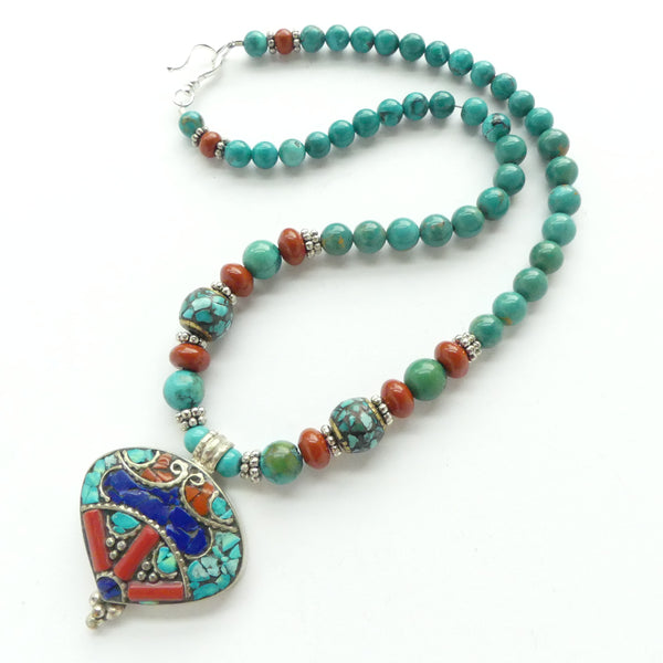 Nepalese Pendant (1.5" long) with Turquoise, Lapis and Red Jasper, 17 inches long