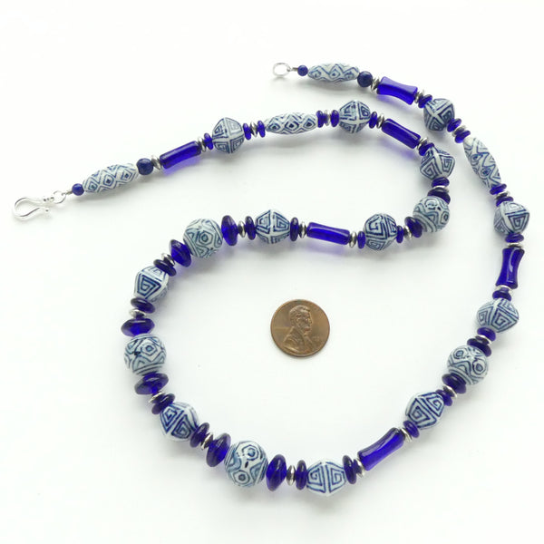 Blue and White Porcelain Beads with Czech Glass, 23.5 inches long